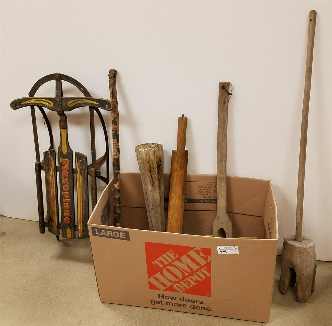 BX. PRIM. WOODEN IMPLEMENTS- WASHER PLUNGER & FORK FOLK ART CANE, SHOE SHINE BX ETC. (1 of 1)