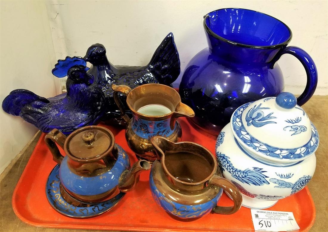 TRAY COBOLT GLASS VASE, ROASTER COVERED DISH, LUSTER TEA POT, CREAMERS ETC. (1 of 1)