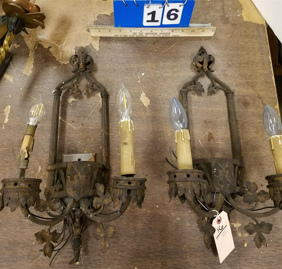 PR CAST IRON AND WROUGHT SCONCES 18 1/2"H X 10"W CORDTS MANSION: PR CAST IRON AND WROUGHT SCONCES 18 1/2"H X 10"W CORDTS MANSION
