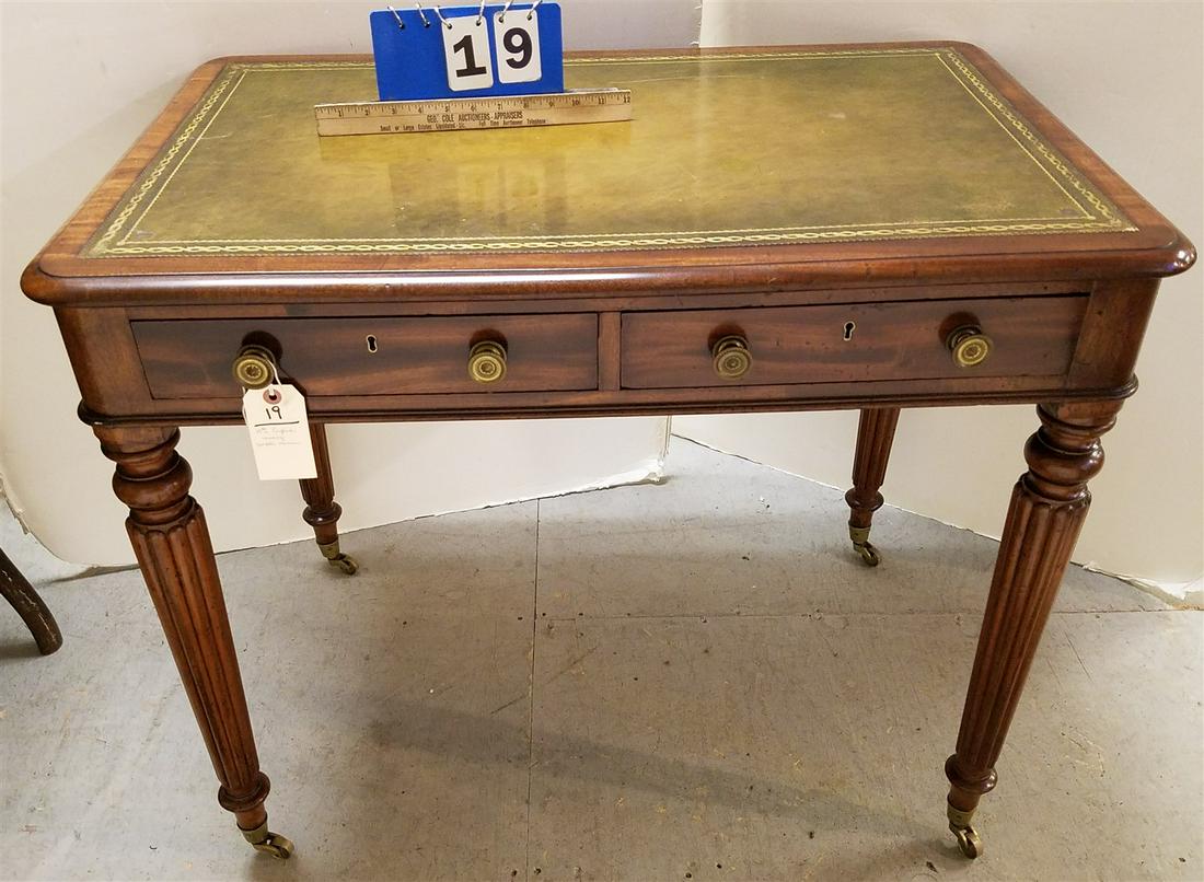 19TH C ENGLISH MAHOG 2 DRAWER LIBRARY TABLE W/ LEATHER TOP 30"H X 36"W X 23 1/2"D CORDTS MANSION (1 of 5)