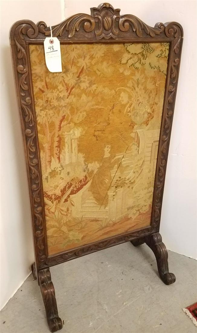 19TH C CARVED WALNUT FRAMED FIRE SCREEN W/ TAPESTRY PANEL 44 1/2"H X 23 1/2"W CORDTS MANSION (1 of 2)