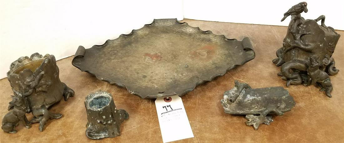 19TH BRASS TRAY 14" X 10 1/2" W/ WHITE METAL 4 PC SMOKE SET (1 of 2)