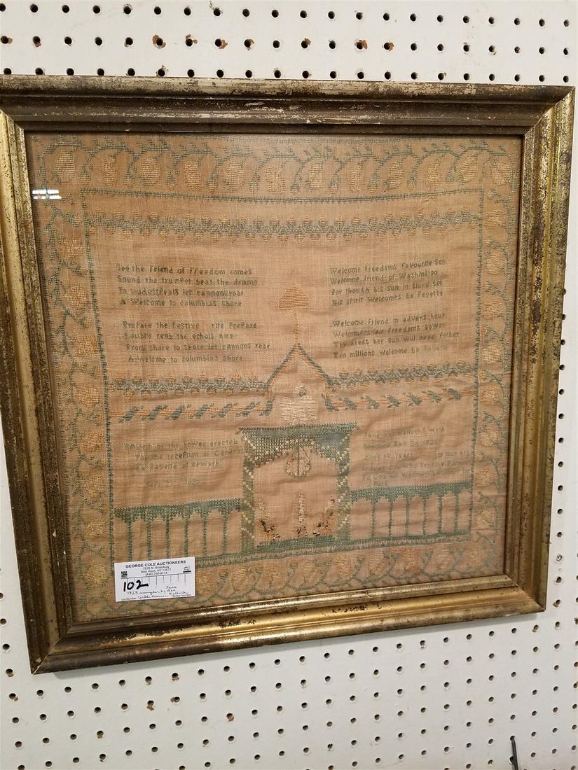 FRAMED 1823 SAMPLER BY JANE ANN HALLOCK 16 1/2" SQ CORDTS MANSION (1 of 7)
