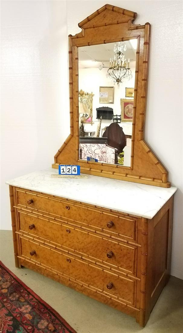 VICT FAUX BAMBOO BIRDSEYE MAPLE 3 DRAWER DRESSER MARBLE TOP 6'7 1/2"H X 46 1/2"W X 21 1/2"D (1 of 2)