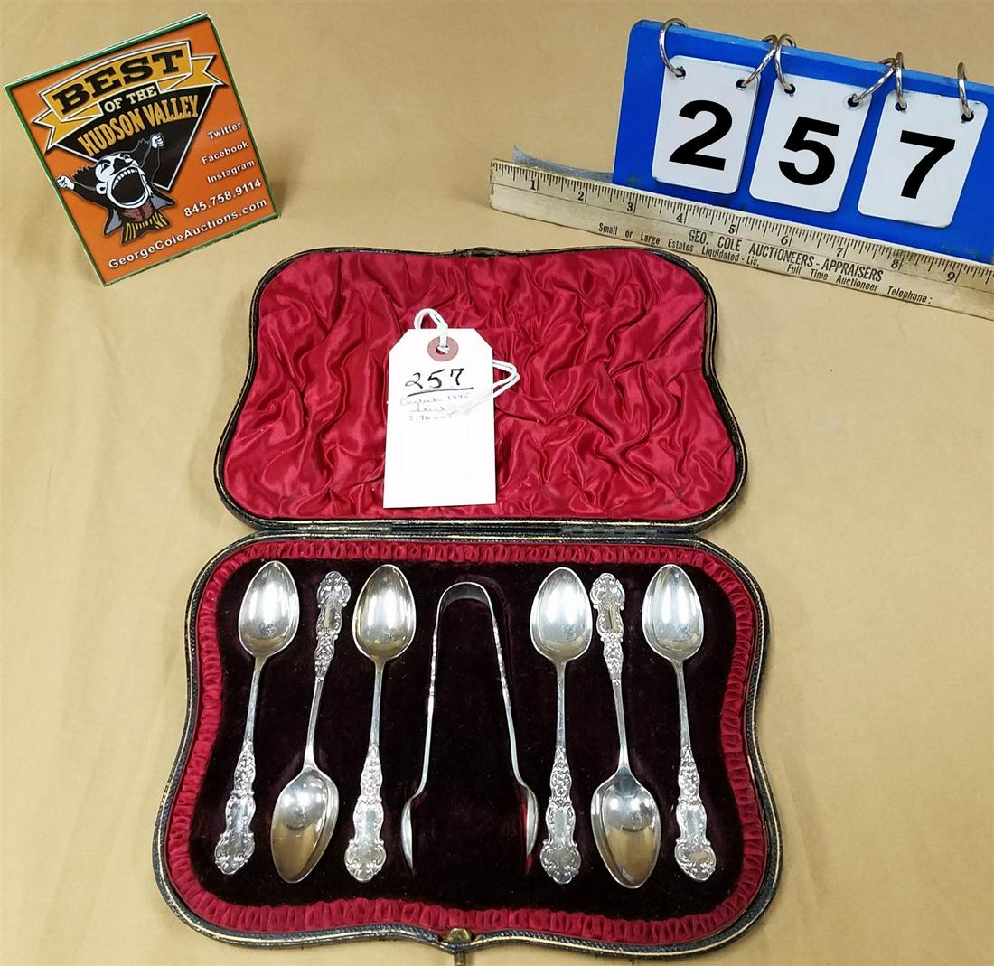 BX'D SET C1875 ENGLISH 6 STERLING TEASPOONS AND SUGAR TONG 3.76 OZT (1 of 3)