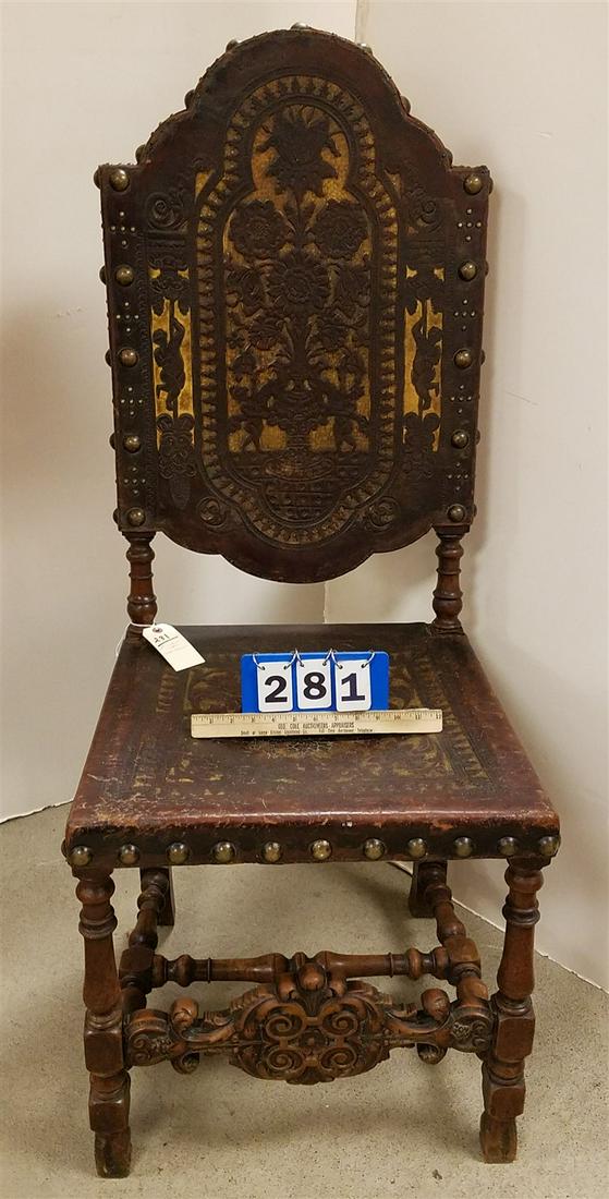 19TH C. CARVED WALNUT CHAIR W. EMBOSSED LEATHER BACK SEAT 50"H X 21" W CORDTS MANSION (1 of 2)