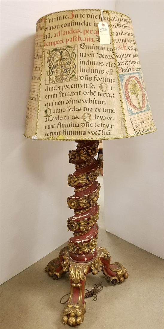 18TH C. POLYCHROMED & PARCEL GILT FLOOR LAMP W/SHADE MADE OF ANTIQUE VELLUM MANUSCRIPT PAGES 65" (1 of 4)
