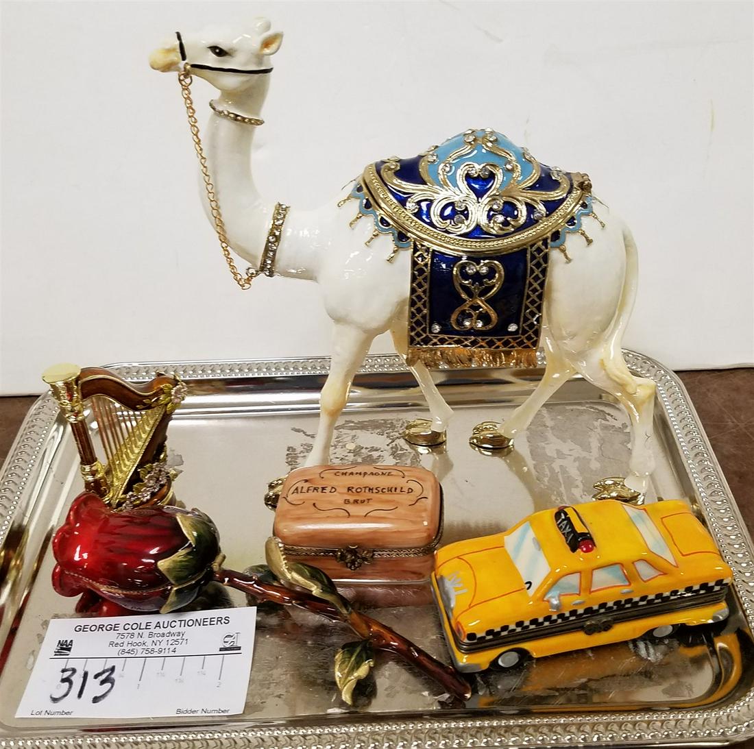 TRAY 3 ENAMLED METAL FIGURAL BXS 7"H X 7"L CAMEL AND HARP 3", VASE 1-1/2"H X 6"L + 2 PORCELAIN BXS (1 of 3)
