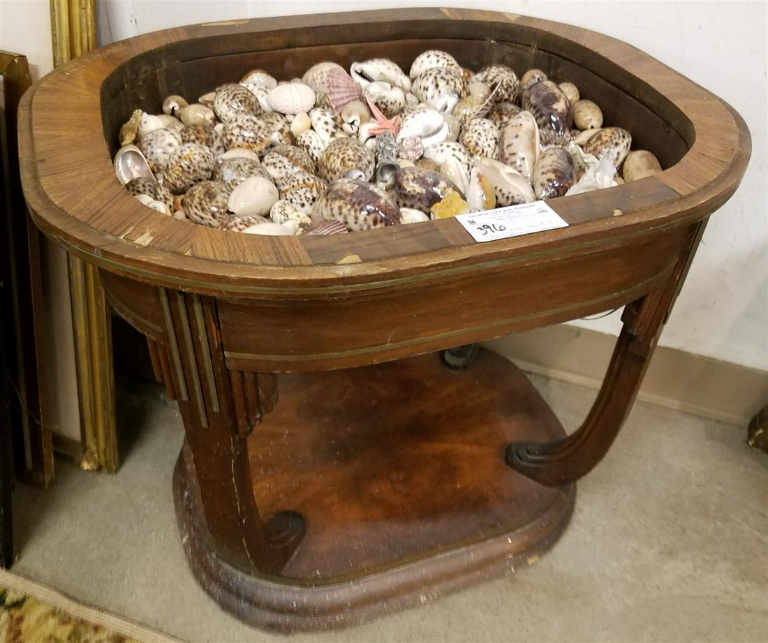 DECO WALNUT VITRINE STAND W/ BRASS INLAY (MISSING ONE FOOT) AND COLL SHELLS 21 1/2"H X 25"W X 20"D (1 of 4)