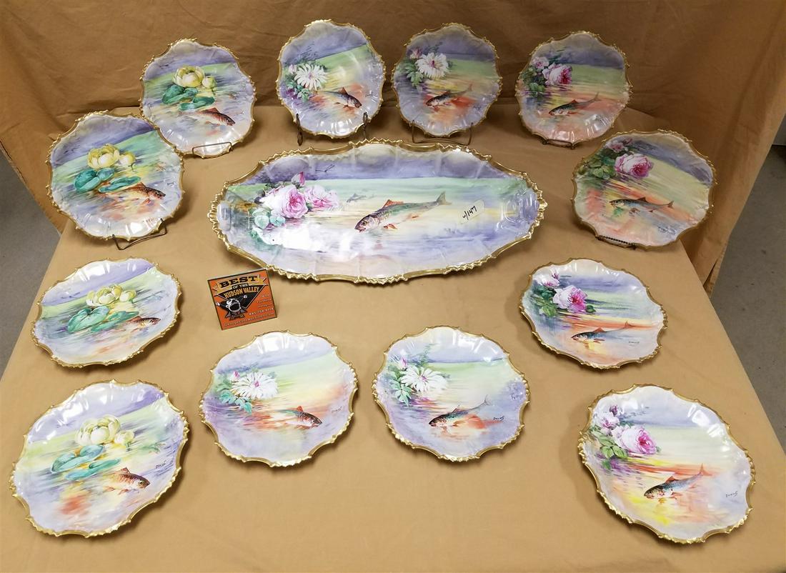 TRAY SET 12 LIMOGES FISH PLATES 9 1/2" AND PLATTER 2 1/2"H X 24"L X 10 1/2"W (1 of 7)