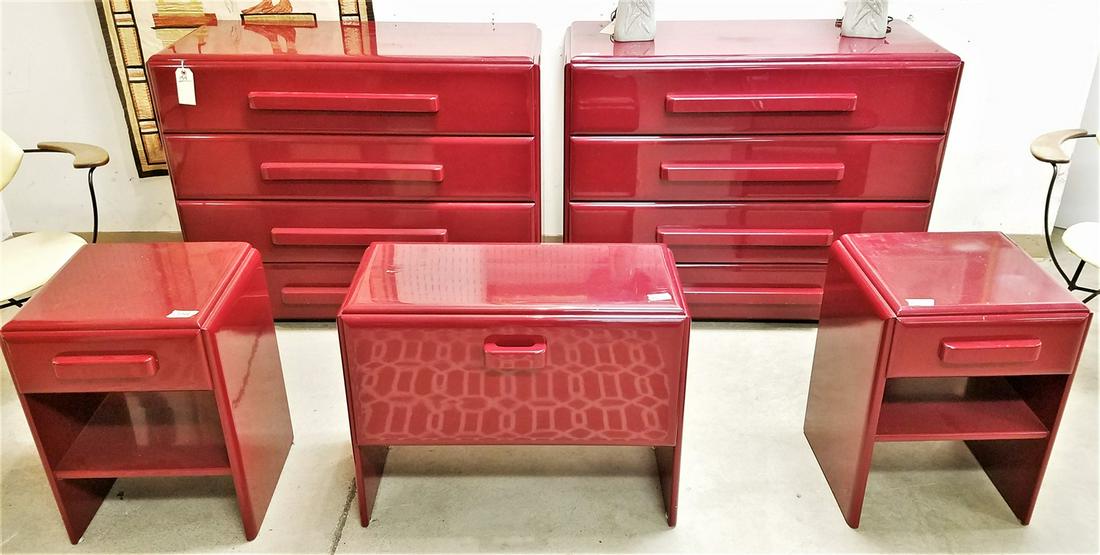 AMERICAN MODERN 5 PC BED SET DESIGNED BY RUSSEL WRIGHT 2- 4 DRAWER CHESTS 33"H X 41 1/2"W X 19"D, PR (1 of 6)