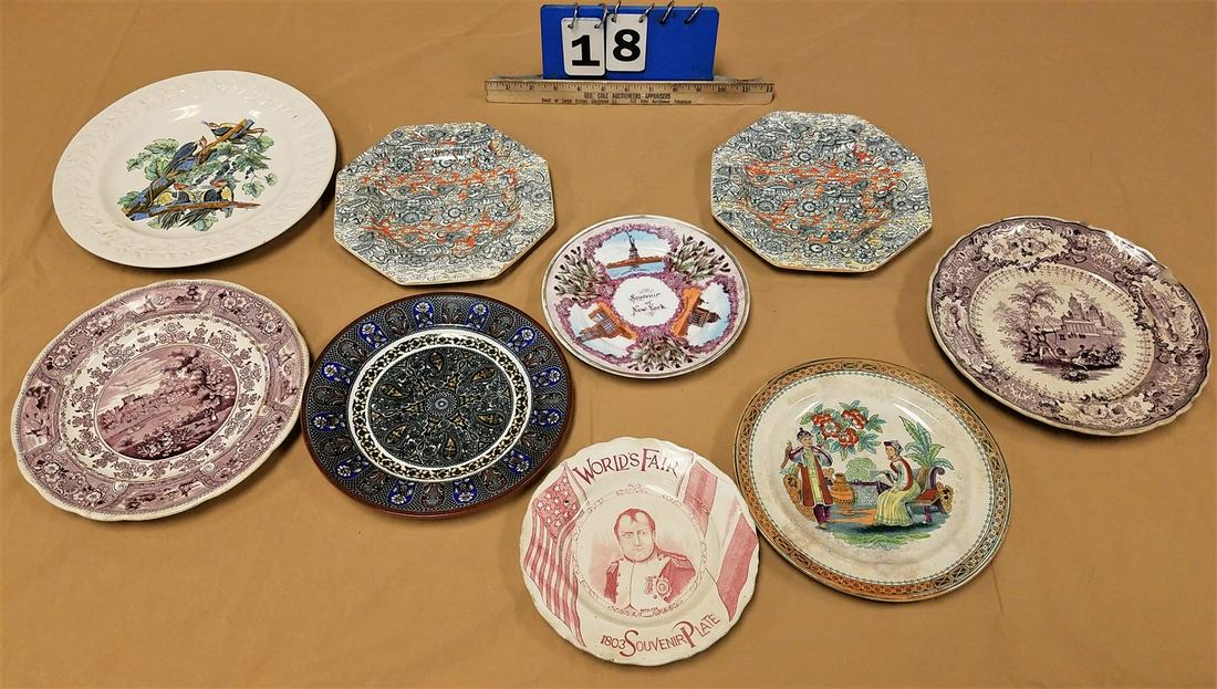 TRAY 9 PLATES ADAMS BIRDS OF AMER. PILEATED WOODPECKER, 2 SOFT PASTE CLYDE SCONEY, IRONSTONE: TRAY 9 PLATES ADAMS BIRDS OF AMER. PILEATED WOODPECKER, 2 SOFT PASTE CLYDE SCONEY, IRONSTONE TRANSFER CHINA, WEDGEWOOD INDIAN, 2 ASHWORTH BROS. HANLEY, SOUVENIR OF NY WOELSFAIR 1803 SOUVENIOR PLATE