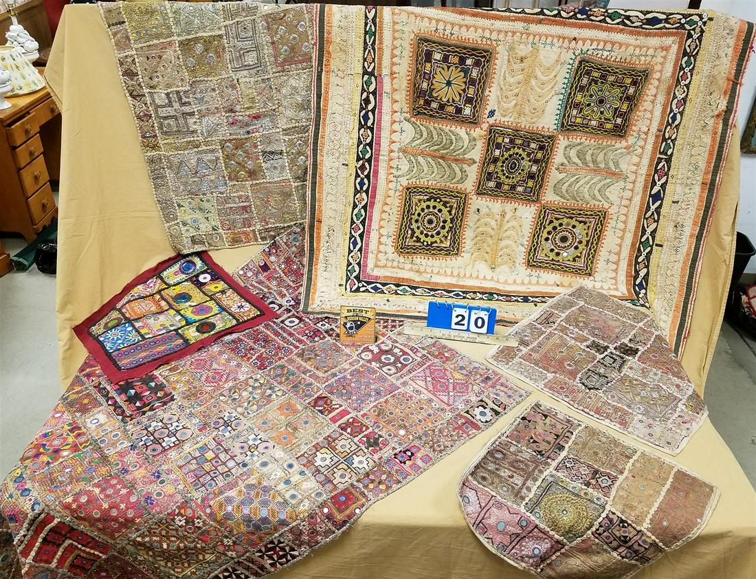 TUB 5PC INDO EMBROIDERED, METAL THREAD, MIRRORED PATCHWORK PCS. 37"X 55", 23" X 31-1/2", 19"SQ, (1 of 3)