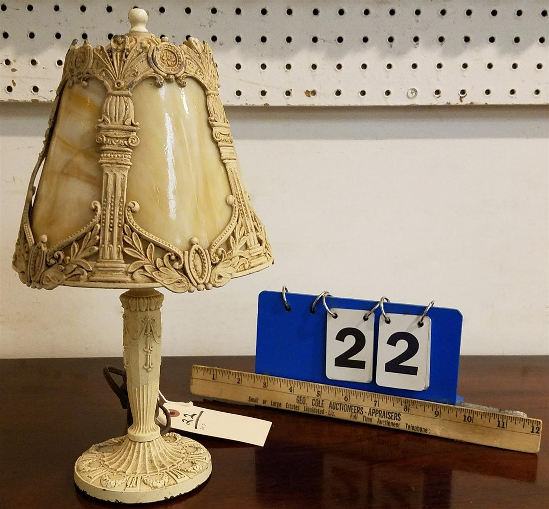 1920'S METAL BOUDIOUR LAMP W/SLAG GLASS SHADE 12-1/2": 1920'S METAL BOUDIOUR LAMP W/SLAG GLASS SHADE 12-1/2"