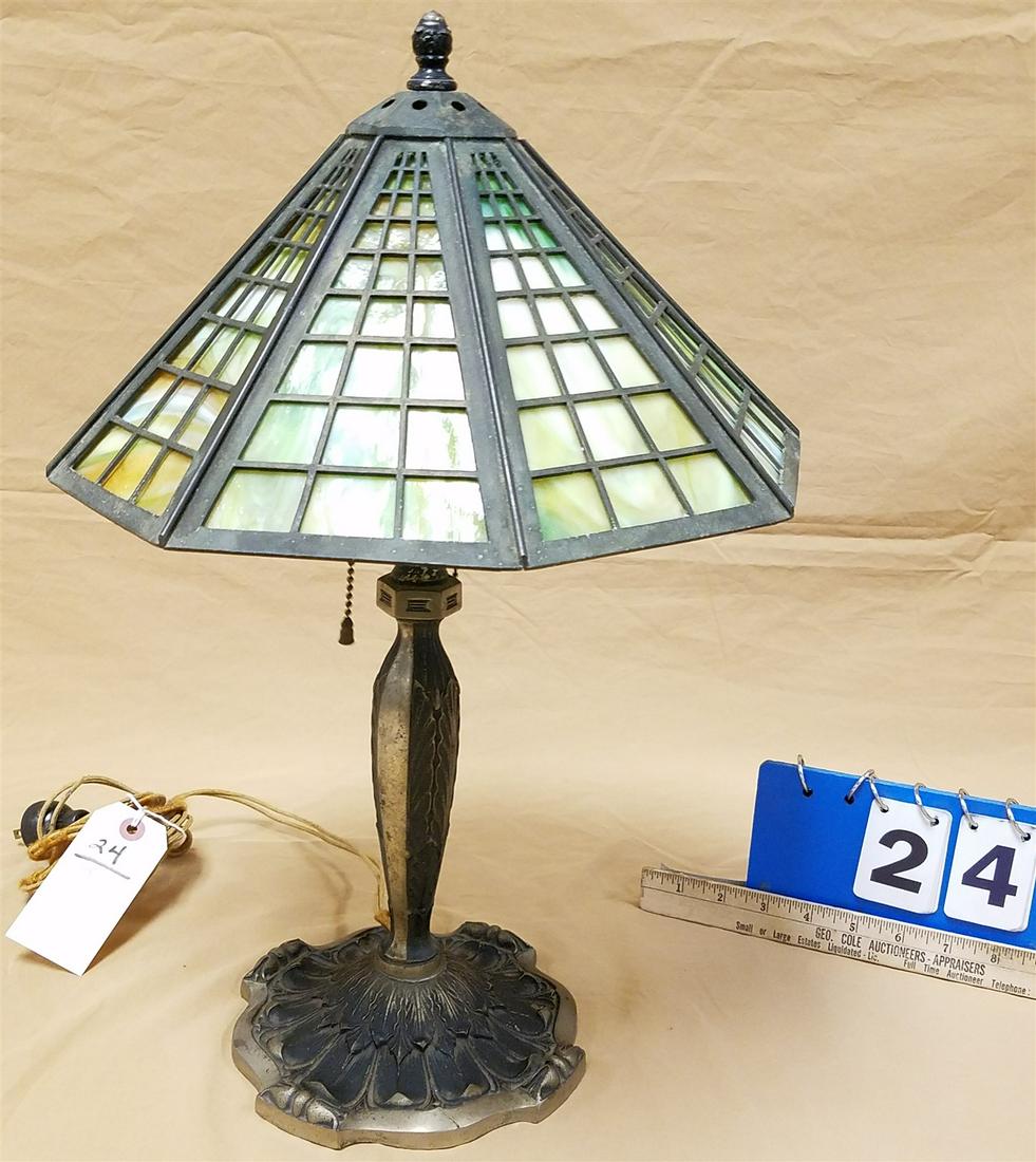 C1915 TABLE LAMP W/SLAG GLASS SHADE 20"H X 13"DIAM (1 of 7)