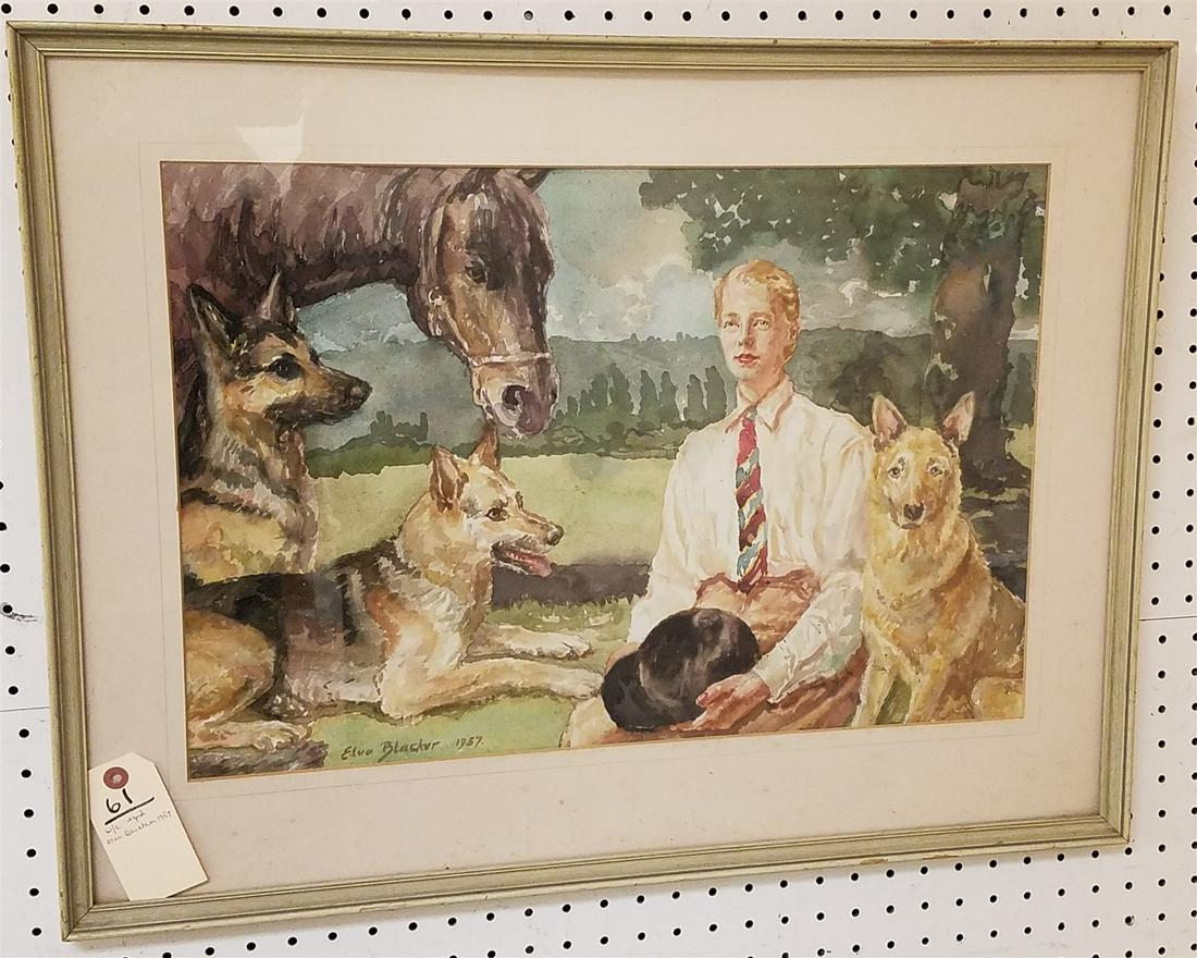 FRAMED W/C WOMAN W.DOGS AND HORSES SGND ELNA BLACKER 1957 15" X 22" (1 of 2)
