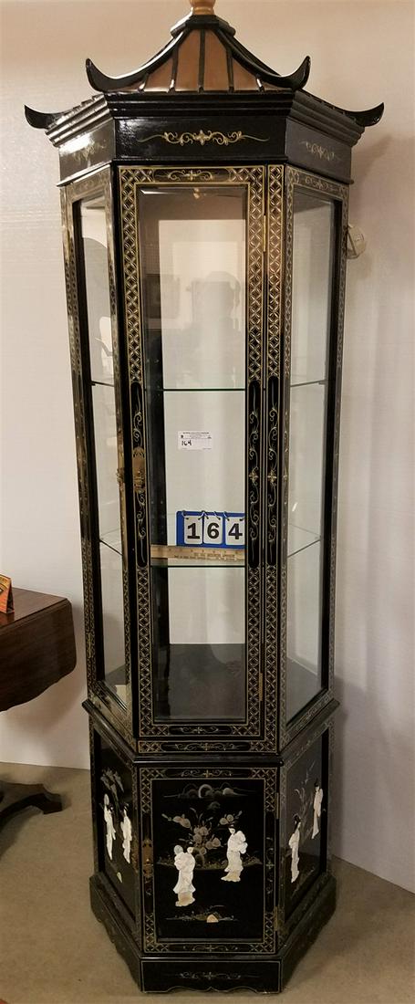 HEXAGONAL PAGODA SHAPED BLACK LACQUER SHOWCASE W/ STONE INLAY 7'6"H X 28" DIAM (1 of 2)