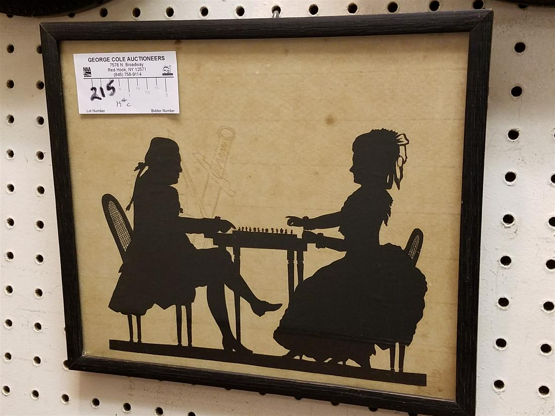 FRAMED 19THC. SILHOUETTE GROUP PLAYING CHESS 8 1/2" X 10" (1 of 2)
