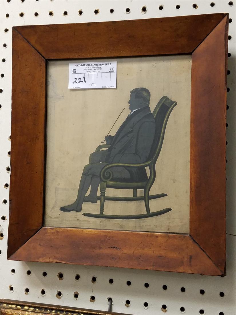 FRAMED 19TH C. SILHOUETTE OF A MAN SMOKING A PIPE IN A ROCKING CHAIR 9 1/2" X 8 1/4" (1 of 3)
