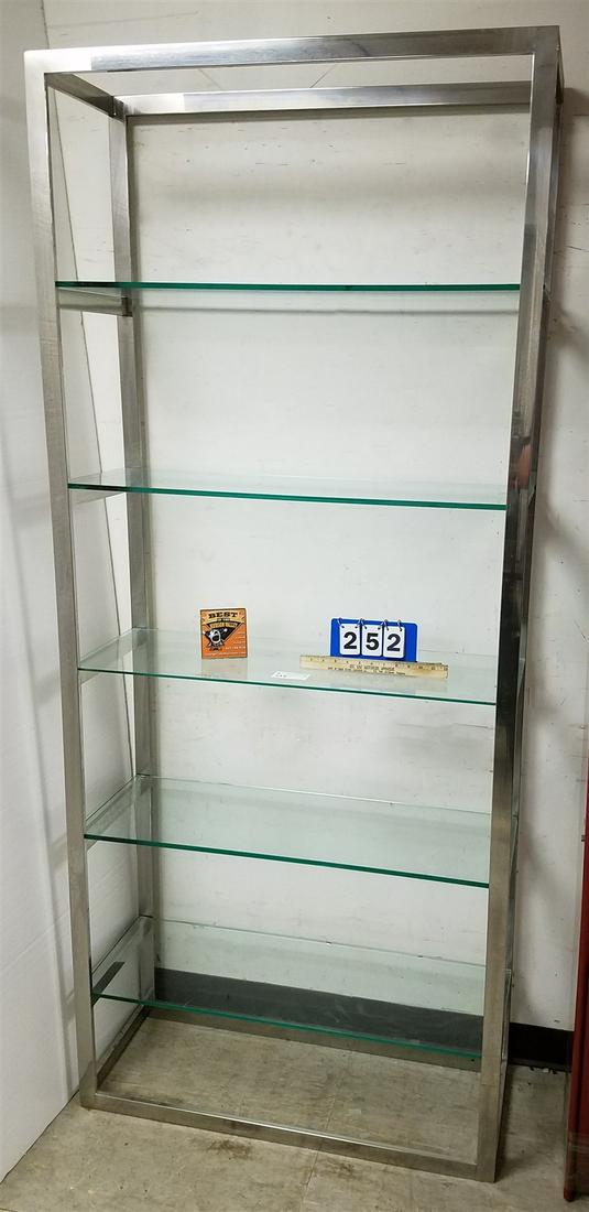CHROME SHELF UNIT W/ 5 GLASS SHELVES 7'H X 3'W X 13"D: CHROME SHELF UNIT W/ 5 GLASS SHELVES 7'H X 3'W X 13"D