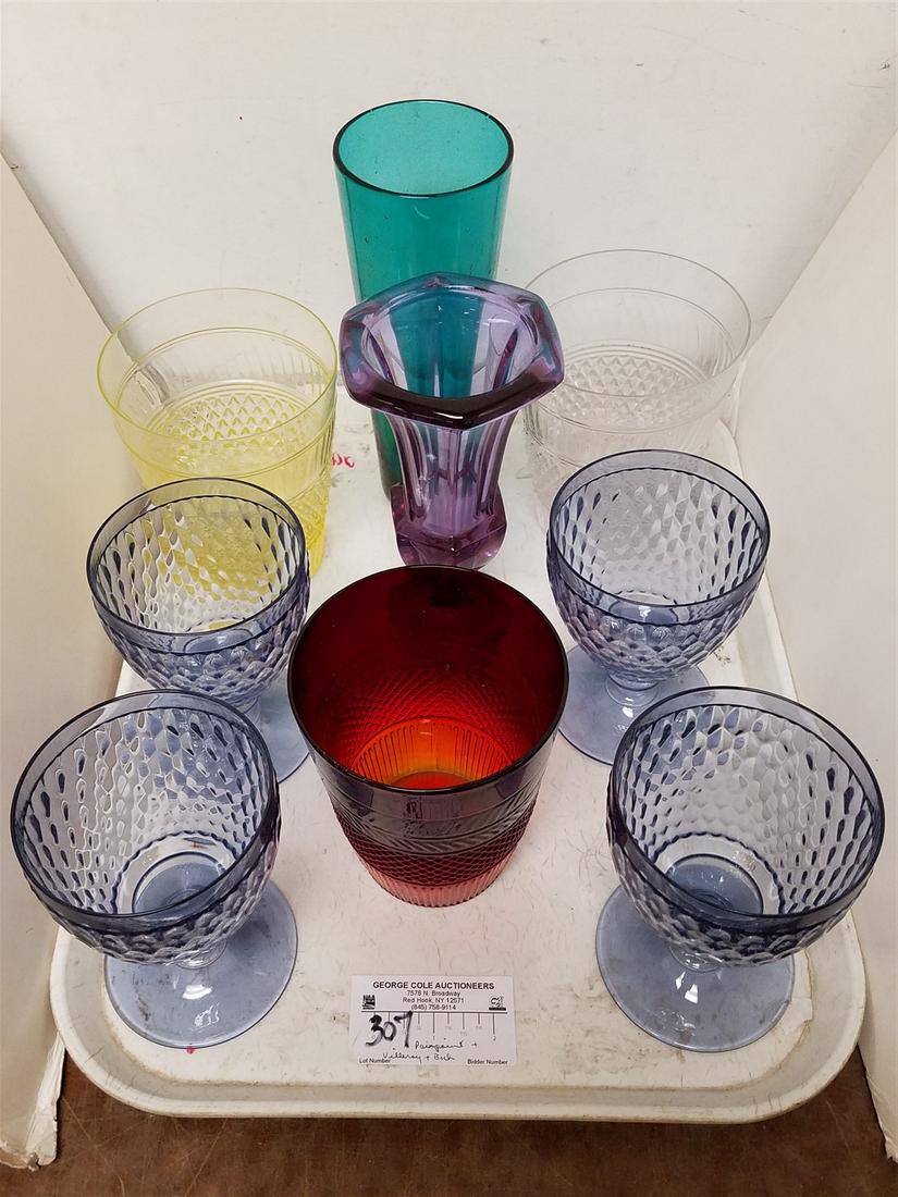 TRAY HAND BLOWN COLOR GLASS-4 VILLEROY & BOCH GOBLETS, 3 BEAKERS-1 RED SGND. PAIRPOINT VASES (1 of 1)