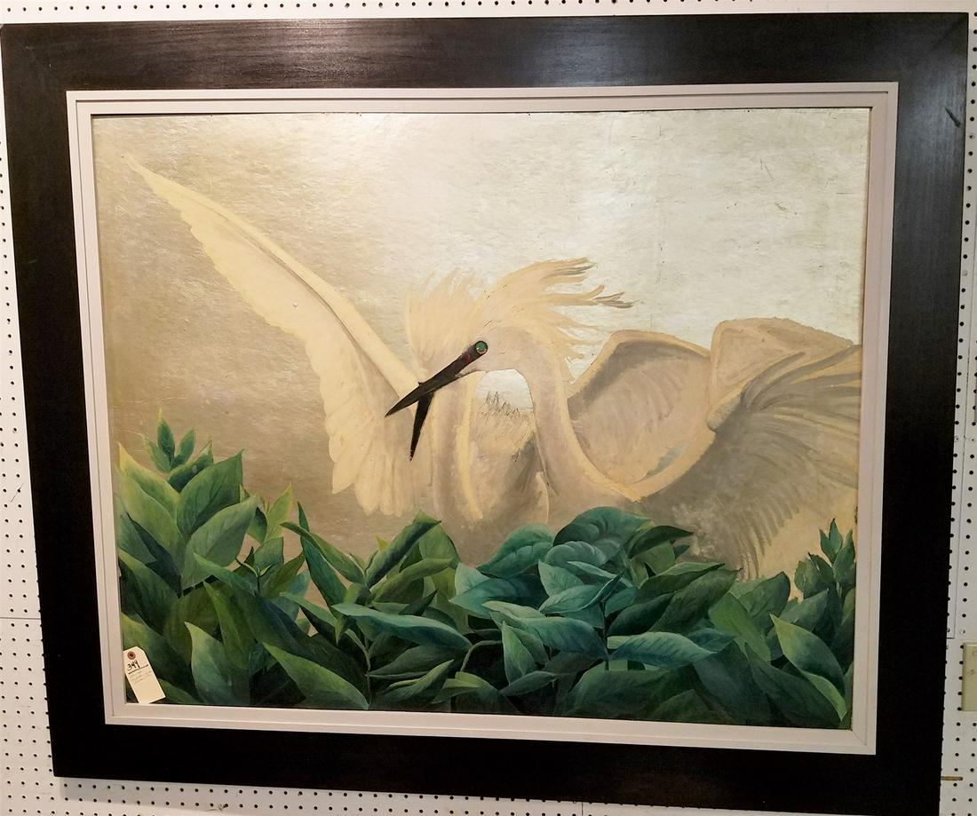 FRAMED O/B W/ SILVER GILT BACKGROUND OF EGRETS SGND ELIZABETH PECK NEWTON 1931 37" X 4 5 1/2" (1 of 4)