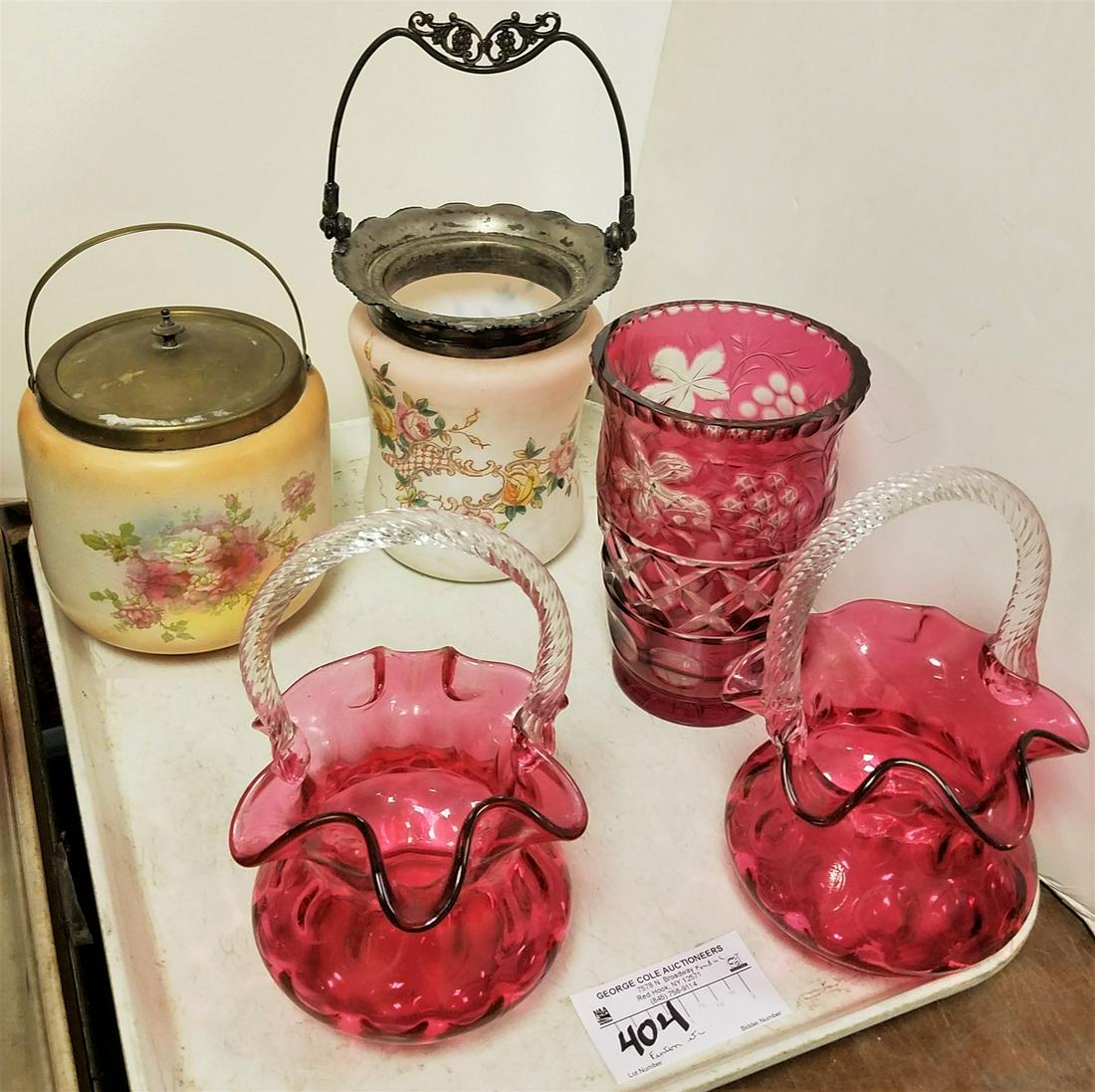 TRAY 2 FENTON BASKETS, CRANBERRY CUT TO CLEAR VASE 7", 2 BISCUIT BXS- 1 LID MISSING (1 of 4)