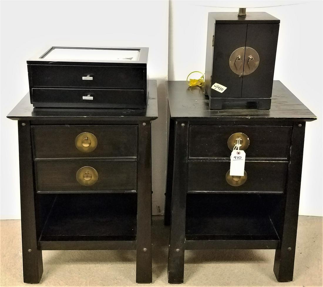PR EBONIZED 2 DRAWER END STANDS 26"H X 18 3/4"W X 15 3/4"D W/ 2 DOOR CABINET TABLE LAMP 26"H AND (1 of 4)
