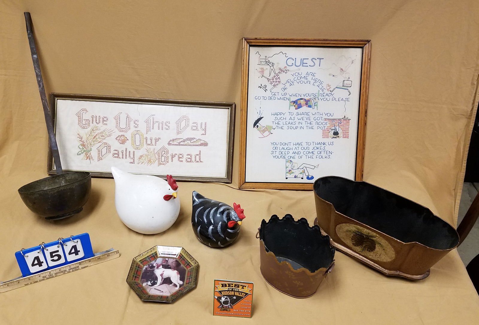 BX COPPER LADEL W/ WROUGH HANDLE 22" X 8" DIAM 2 CERAMIC CHICKENS, 2 FRAMED SAMPLERS ETC (1 of 3)