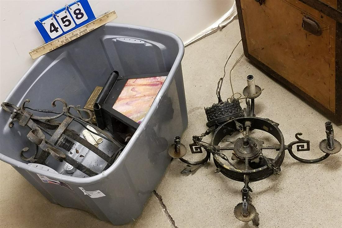 TUB WROUGHT LIGHTING FIXTURES 19" LANTERN, SHADE 8"H X 10" SQ, CHANDELIER 2'H X 20" DIAM (1 of 5)