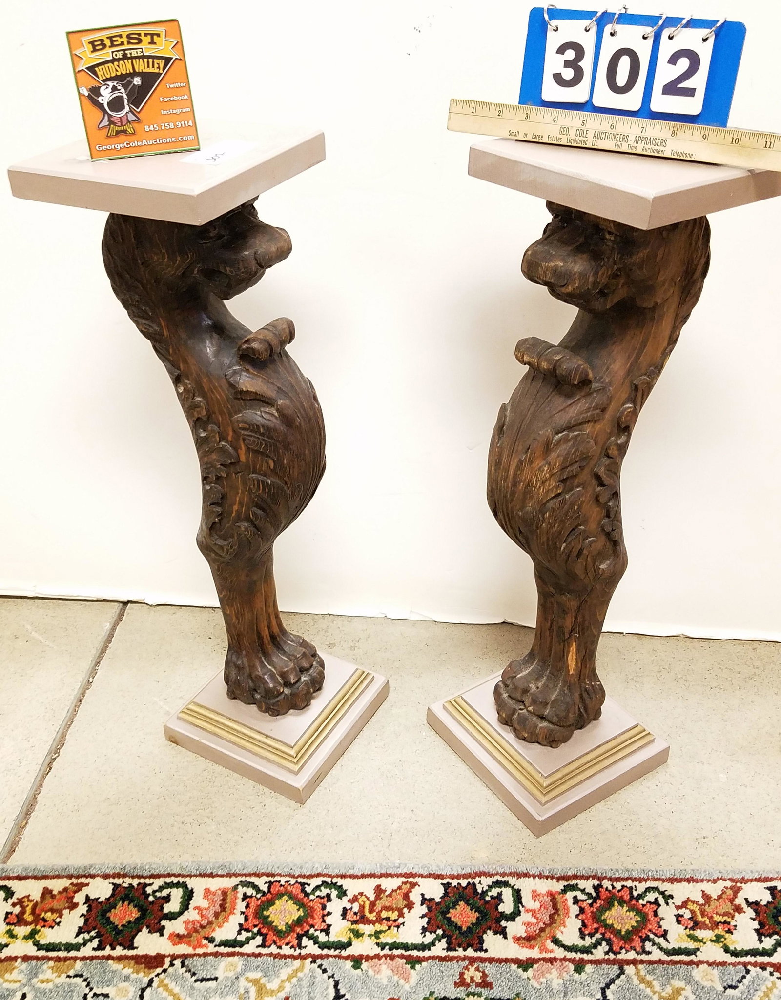 PR. CARVED OAK GRIFFIN STANDS 28"H X 8"SQ (1 of 3)