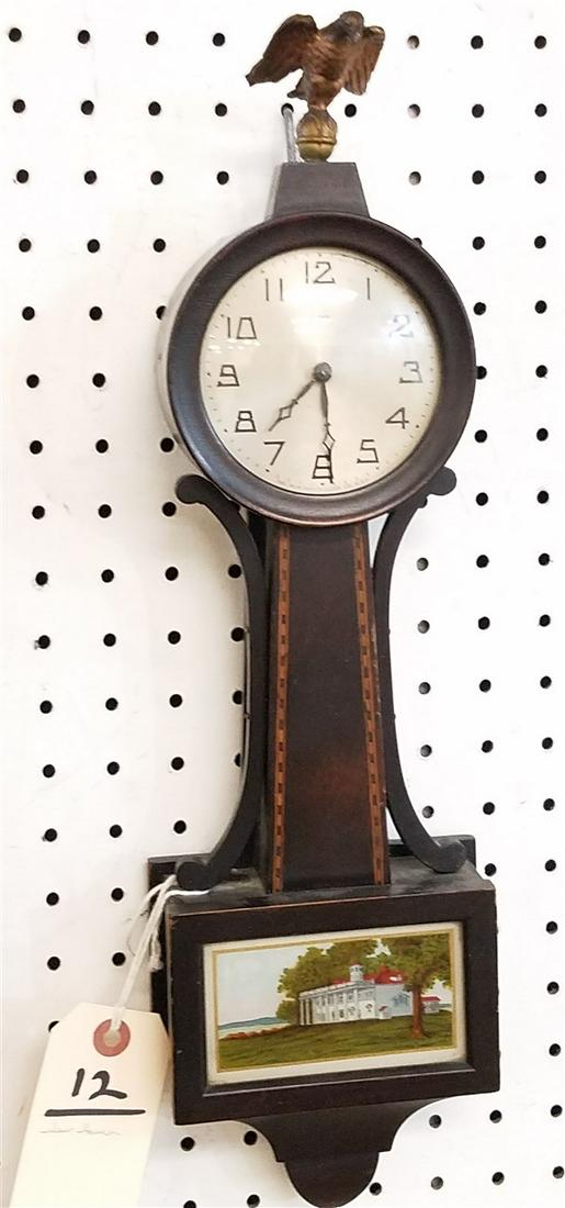 NEW HAVEN INLAID MAHOG BANJO CLOCK 18"H X 5 1/4"W WORKING: NEW HAVEN INLAID MAHOG BANJO CLOCK 18"H X 5 1/4"W WORKING