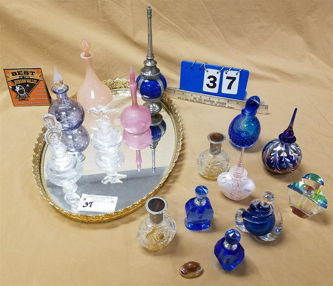 BRASS AND MIRRORED TRAY W/ COLL 16 PERFUME BOTTLES, CUT GLASS, HAND BLOWN ART GLASS 1 BY DAVID: BRASS AND MIRRORED TRAY W/ COLL 16 PERFUME BOTTLES, CUT GLASS, HAND BLOWN ART GLASS 1 BY DAVID MILLER ETC