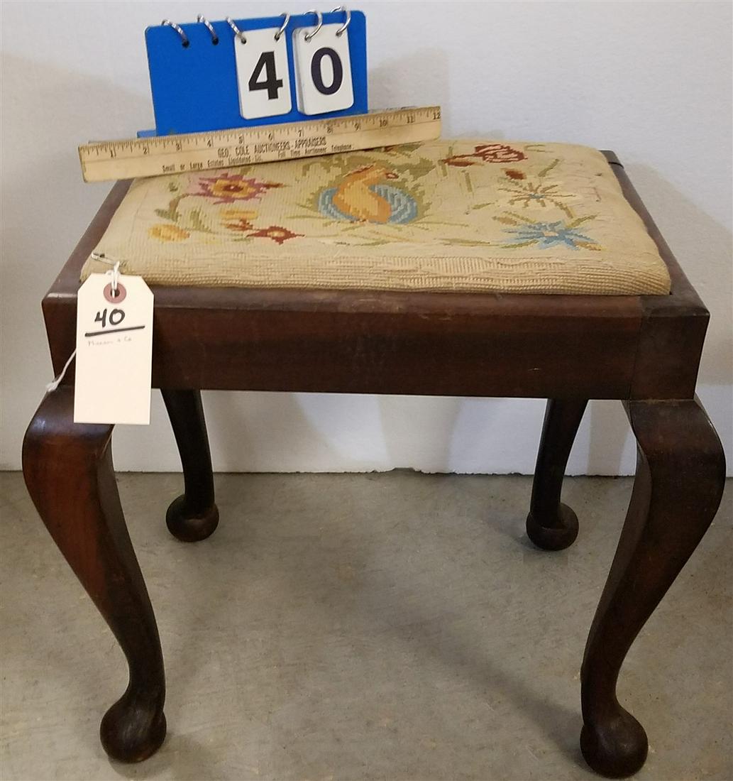 QA STYLE MAHOG BENCH W/ NEEDLEPOINT SEAT BY THESEN AND CO 17 1/2"H X 19"W X 15"D (1 of 3)