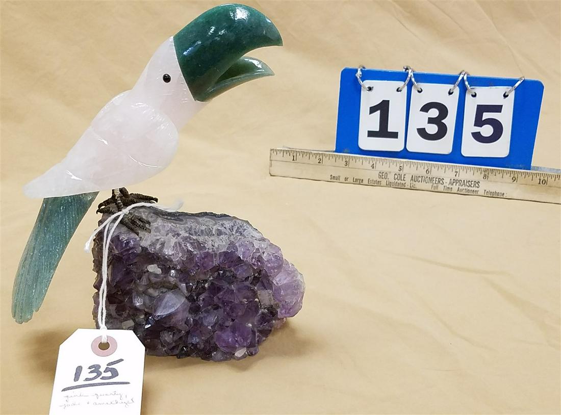 PINK QUARTZ AND JADE TOUCAN ON AMETHYST CRYSTAL BASE 8-1/2"H X 7"W (1 of 6)