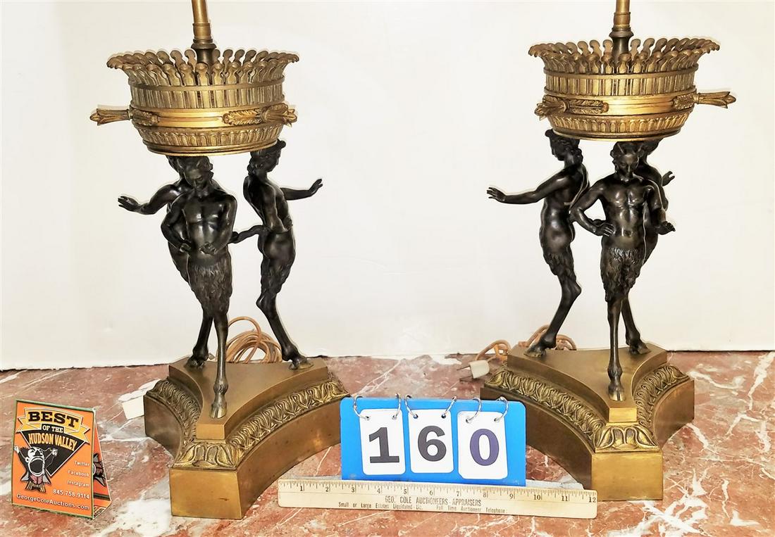 PR. 19TH C. BRONZE TRIPOD SATYRBASE GARNITURES 17"H MADE INTO LAMPS 3'H (1 of 3)