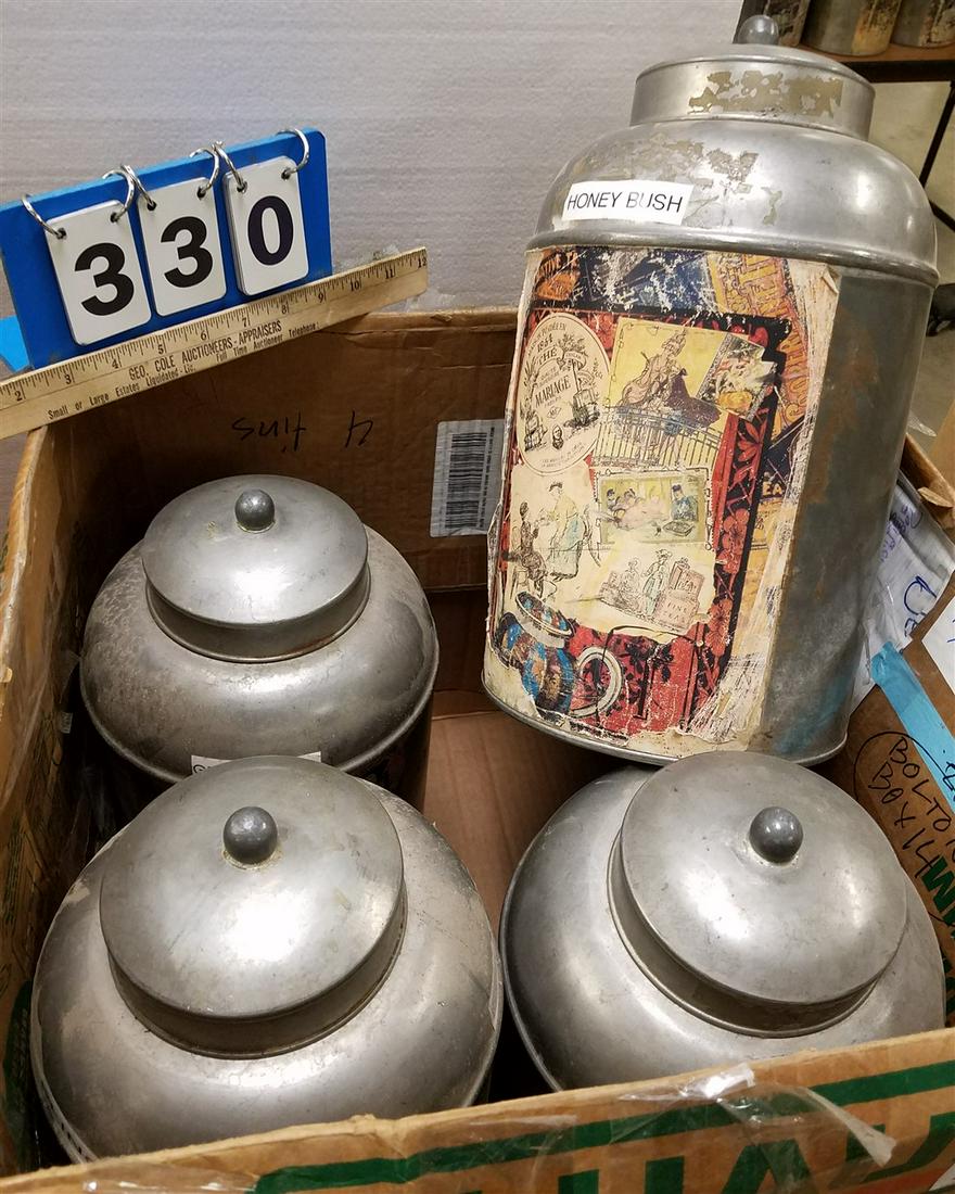 BX. 4 METAL TEA CANNISTERS MADE IN iNDIA 15"H X 8"DIAM (1 of 2)