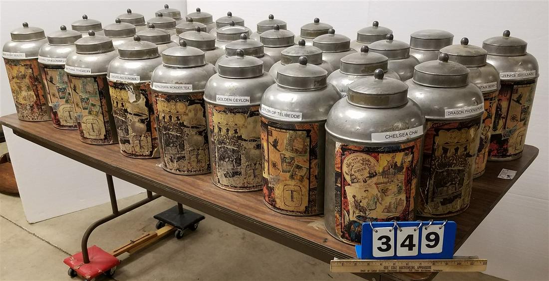 LOT 32 METAL CANNISTERS MADE IN INDIA 15"H X 8"DIAM: LOT 32 METAL CANNISTERS MADE IN INDIA 15"H X 8"DIAM
