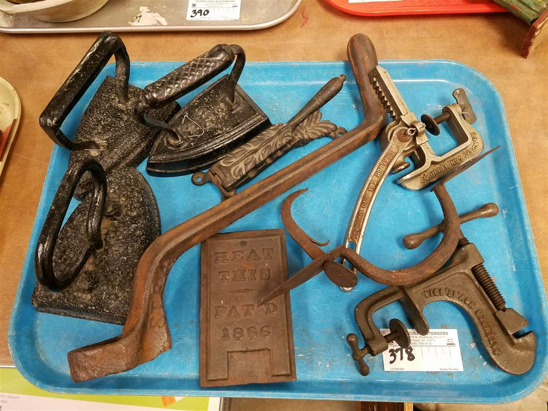 TRAY ANTIQUE METAL ITEMS-20'S HAND CRANK VEHICLE, SQUIRREL NUTCRACKER, PERFECTION NUTCRACKER, (1 of 1)