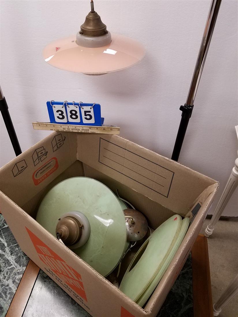 BX 3 COMPLETE GERMAN MID CENTURY HANGING LIGHTS W/HEZEL GLASS SHADES & 1 FIXTURE & 4 DISCS 9"H X 14 (1 of 2)