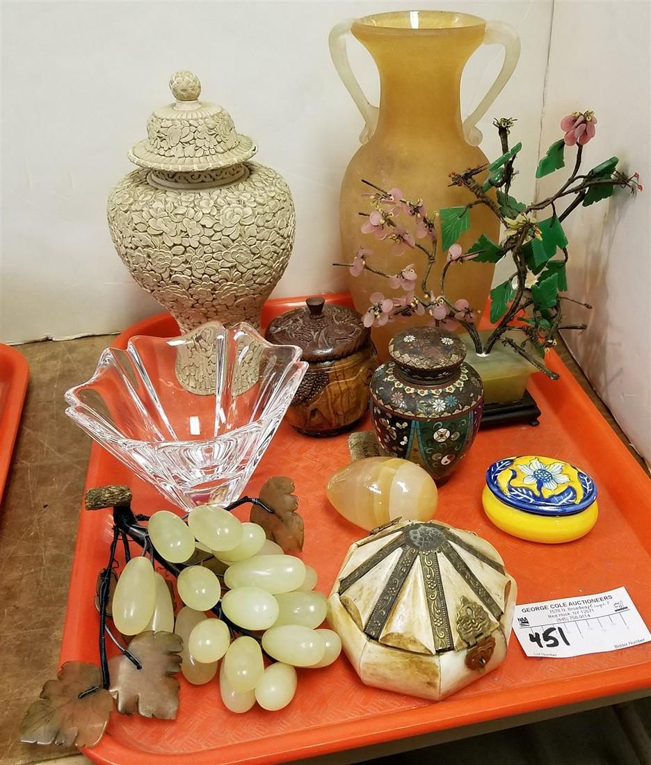 TRAY MOLDED GLASS VASE 10 1/2", ORREFORS BOWL 3 1/2" X 5 1/2" DIAM.M BX INCL BONE, CLOISONNE, WOOD,: TRAY MOLDED GLASS VASE 10 1/2", ORREFORS BOWL 3 1/2" X 5 1/2" DIAM.M BX INCL BONE, CLOISONNE, WOOD, ETC.MARBLE GRAPE BUNCH ETC.