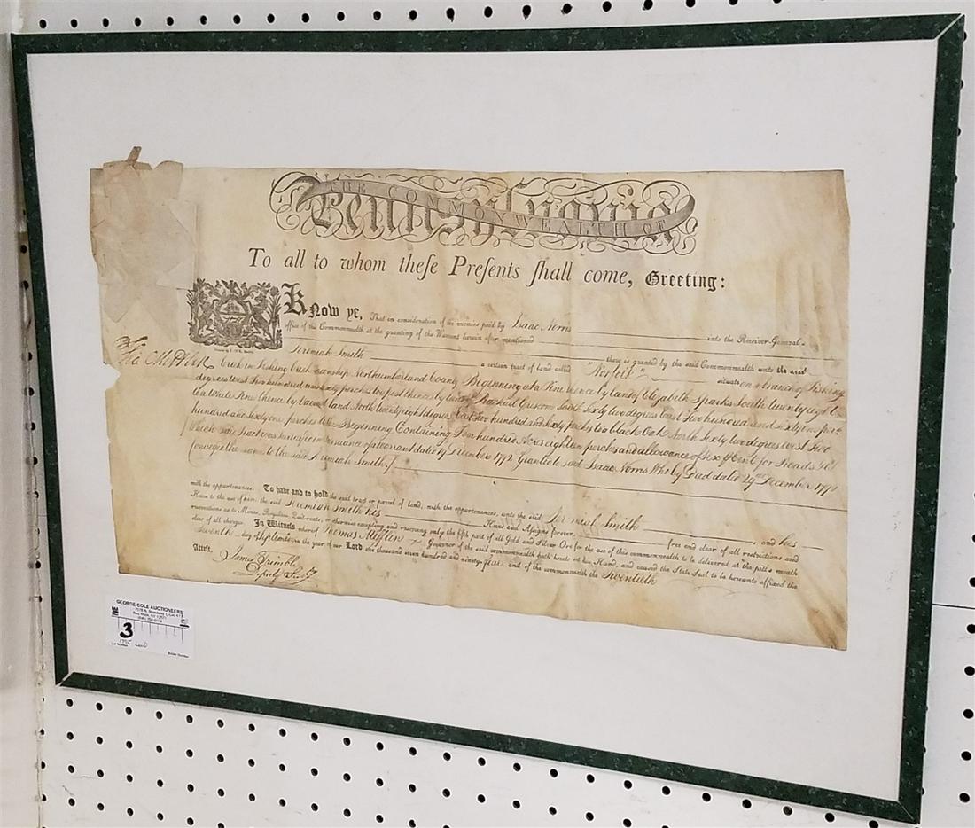 FRAMED 1795 COMMONWEALTH OF PENN. DEED 11" X 20" (1 of 4)