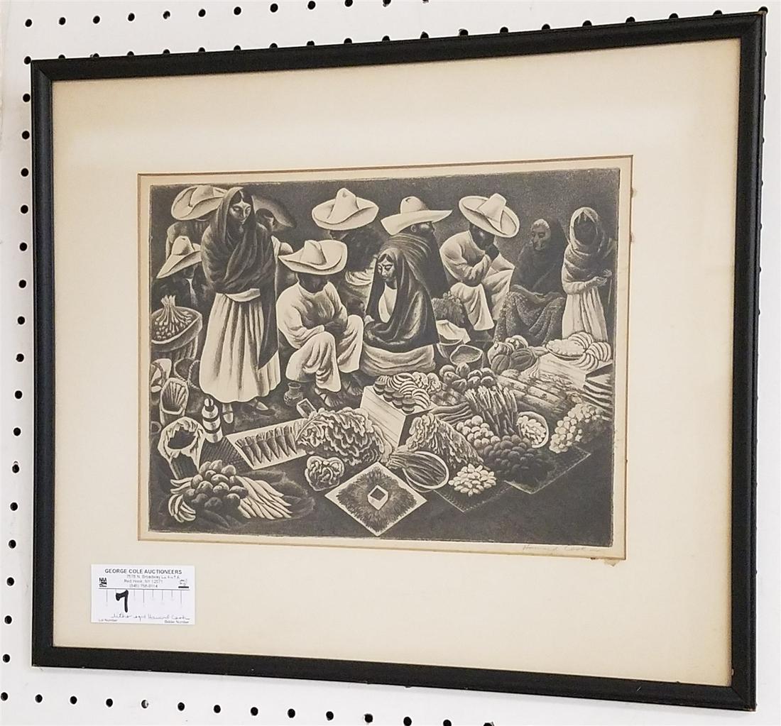 FRAMED LITHO "TAXCO MARKET" PENCIL SGND. HOWARD COOK 9-1/4" X 12-1/4" W/ARTS AND CRAFTS ASSOC. (1 of 4)