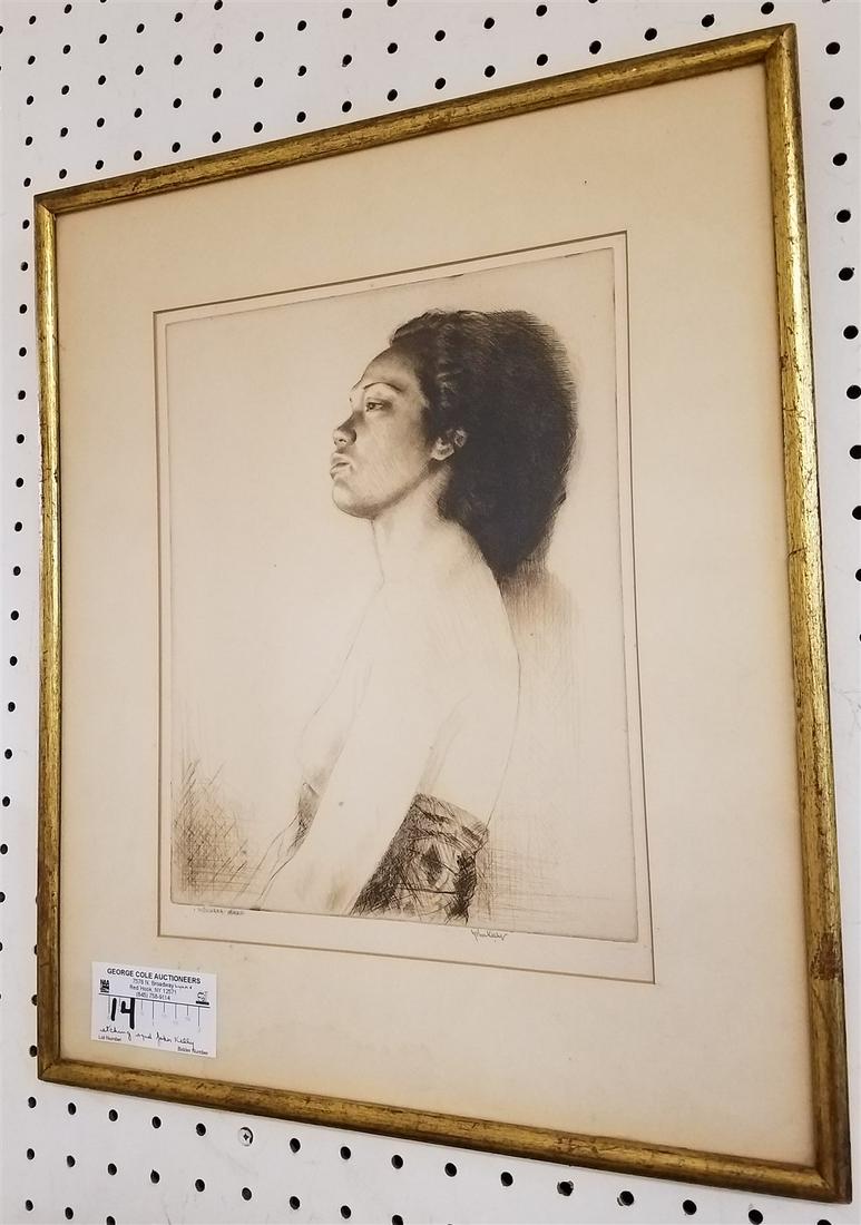 FRAMED ETCHING "MAKIHAMA HAWAII" PENCIL SGND JOHN KELLY 12-1/4" X 9-1/4" (1 of 4)
