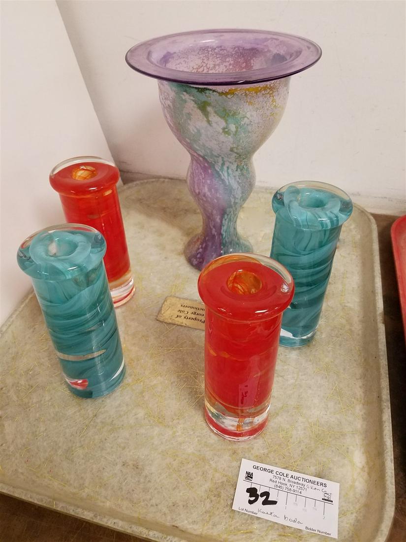 TRAY 4 KOSTA BODA GLASS CANDLESTICKS 6"H X 2-1/2" DIAM & VASE 8-3/4"H X 6-1/2" DIAM (1 of 4)