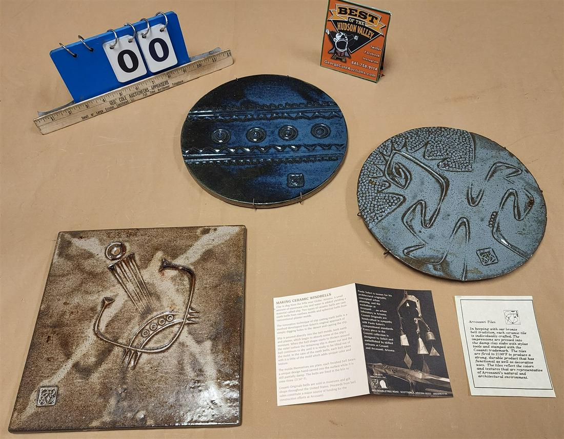 TRAY 3 POTTERY TILES BY PAOLO SOLERI 9-1/4"SQ AND 2 - 9-1/4" DIAM (1 of 6)
