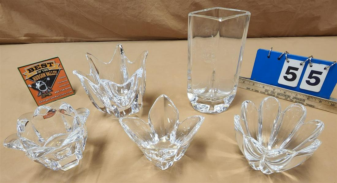 TRAY 5 ORREFORS CRYSTAL VASE 8-1/2", BOWLS 5-1/2"H X 6-1/2"DIAM, 4-1/4"H X 5-1/4"DIAM, 3-3/4"H X (1 of 9)