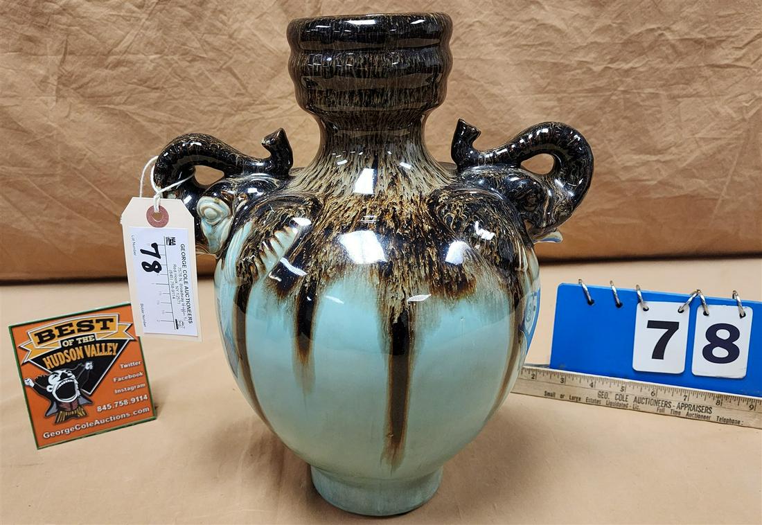POTTERY VASE W/ELEPHANT HANDLES 13"H X 11"W: POTTERY VASE W/ELEPHANT HANDLES 13"H X 11"W