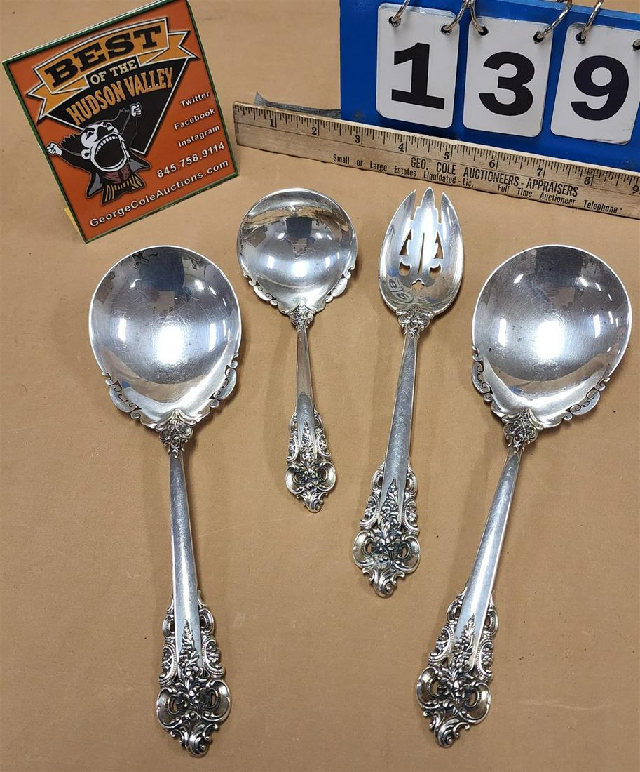 LOT 4PC WALLACE STERLING GRAND BAROQUE SERVING SPOONS, FORKS, GRAVY LADLE 14.89 OZT (1 of 4)