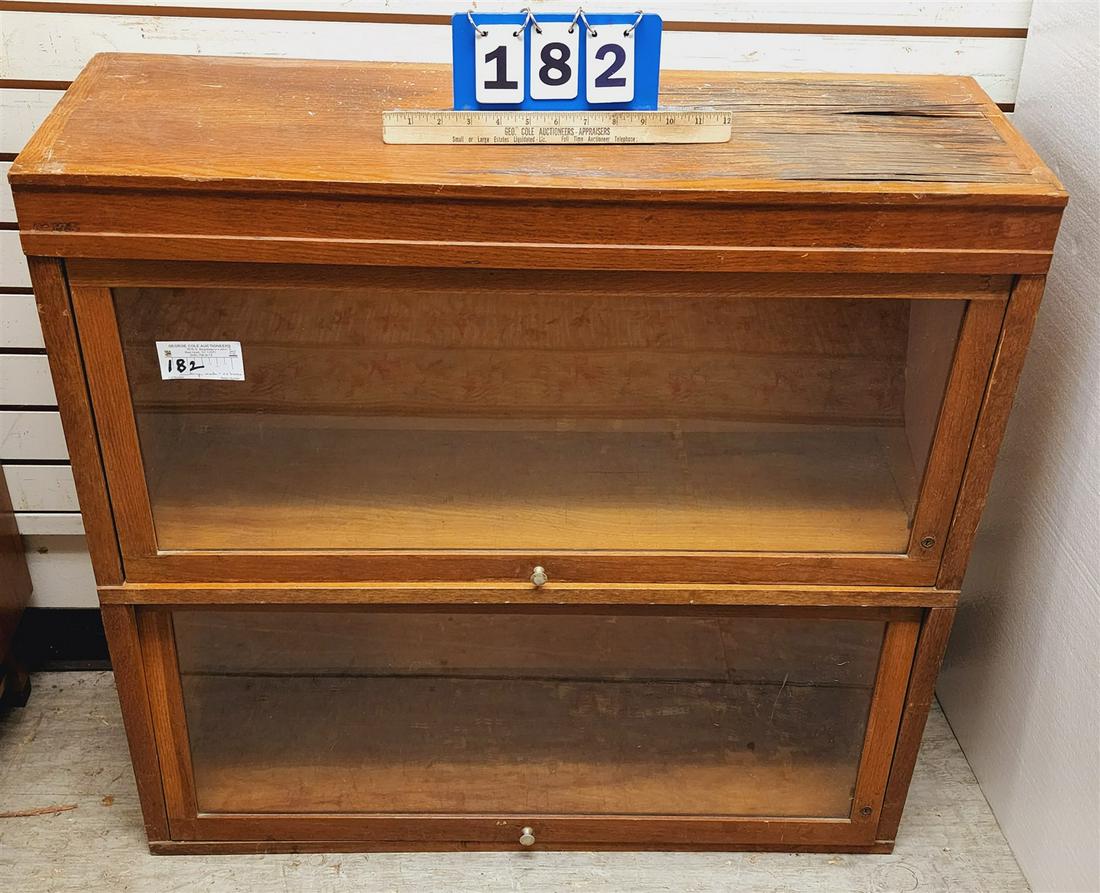 VINTAGE 2 SECTION STACKABLE BOOKCASE NO BASE 33 1/4"H X 34 1/4"W X 11 1/2"D W/ FRAME 26" X 17" (1 of 1)